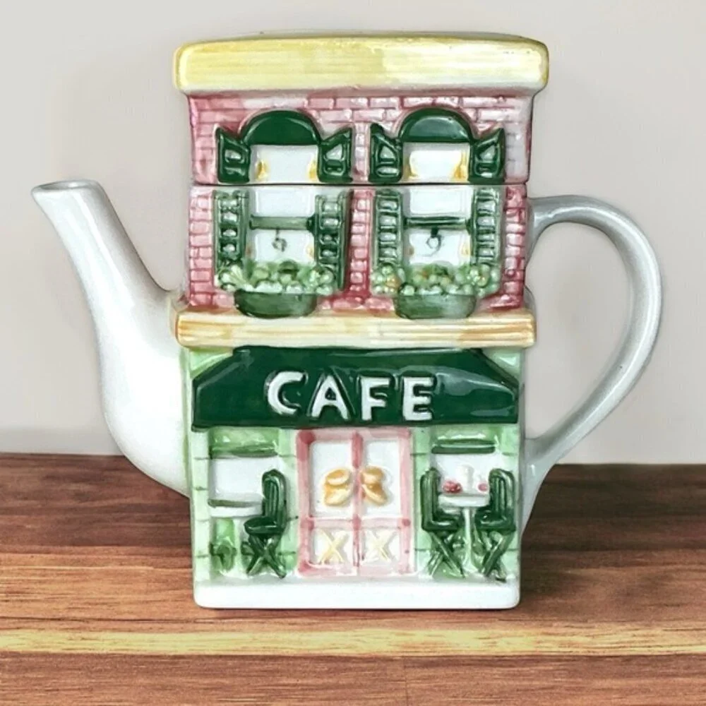 Vintage Main Street Cafe Store Front Ceramic Teapot Functional Art Collectible